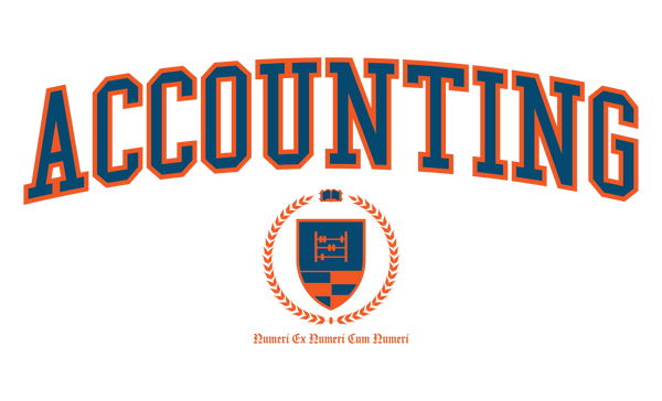 The Accounting Crest in blue outlined in orange - The word Accounting runs above a shield depicting an abacus with a grid beneath it. The grid is representative of spreadsheet cells surrounded but laurels with a book at the top. A latin motto runs beneath the crest stating Numeri Ex Numeri Cum Numeri.