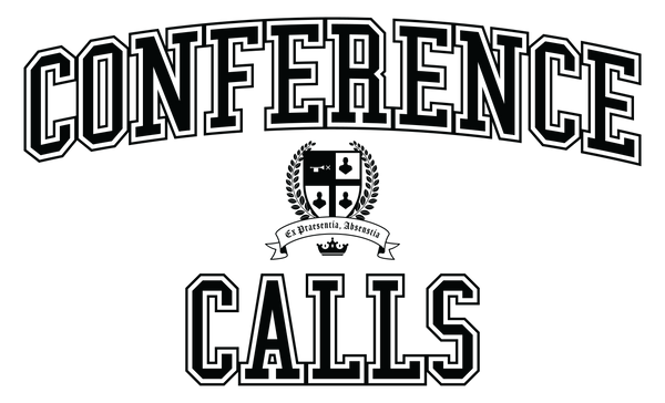 The Conference Calls Crest - The word Conference arcs above a shield. The shield is broken into 4 quadrants. The upper left quadrant has a trumpet with an X in front of it. The other quadrants have an icon of a persons head and shoulders. Laurels flank both sides of the shield and a banner runs beneath it with the latin word, Ex Praesentia, Absentia. A crown sits beneath the banner. Under everything is the word Calls.