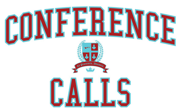 The Conference Calls Crest - The word Conference arcs above a shield. The shield is broken into 4 quadrants. The upper left quadrant has a trumpet with an X in front of it. The other quadrants have an icon of a persons head and shoulders. Laurels flank both sides of the shield and a banner runs beneath it with the latin word, Ex Praesentia, Absentia. A crown sits beneath the banner. Under everything is the word Calls.