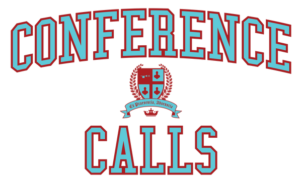 The Conference Calls Crest - The word Conference arcs above a shield. The shield is broken into 4 quadrants. The upper left quadrant has a trumpet with an X in front of it. The other quadrants have an icon of a persons head and shoulders. Laurels flank both sides of the shield and a banner runs beneath it with the latin word, Ex Praesentia, Absentia. A crown sits beneath the banner. Under everything is the word Calls. 