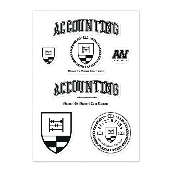 An assortment of stickers depicting the Accounting Crest, seal, shield in two sizes and the Accounting title with latin motto. All stickers are in black and white.