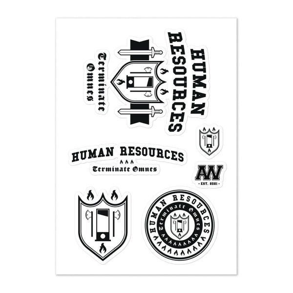 Various stickers including the Human Resources crest, seal, motto, and shield in black