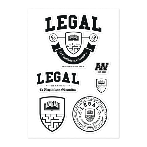 Various stickers depicting the Legal crest, seal, shield and motto. All stickers are in black and white.