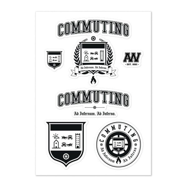 Sheet of various stickers including the Commuting crest, the seal, 2 shields (one big, one small), and the latin motto in black and white.