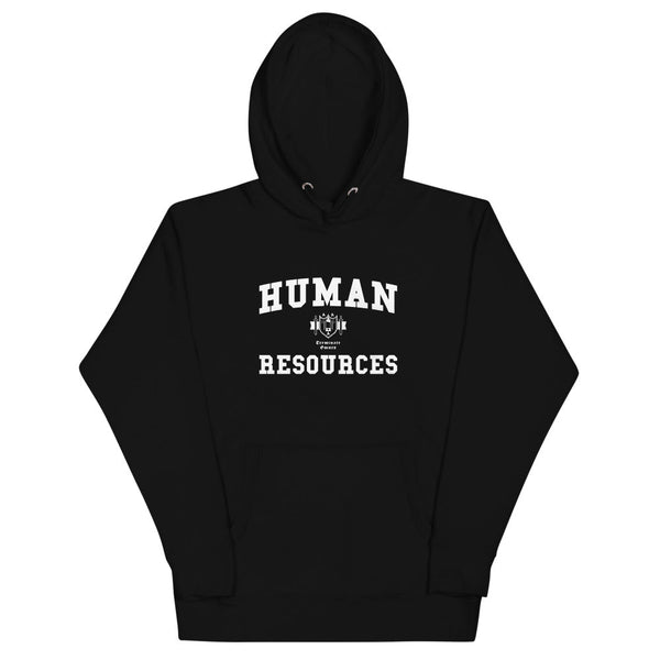 A white hoodie with Human Resources crest in white