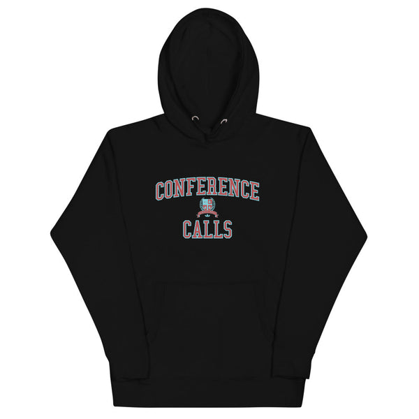 A black hoodie with the Conference Calls crest in dark red outlined in light blue