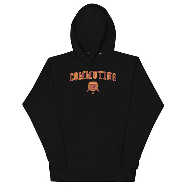 Black hoodie with the Commuting crest in red outlined in orange