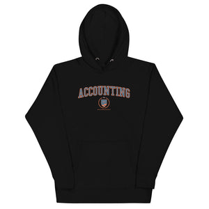 A black hoodie with the Accounting Crest on the front. The crest is blue and outlined in orange.
