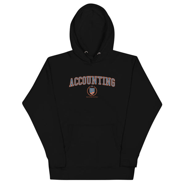 A black hoodie with the Accounting Crest on the front. The crest is blue and outlined in orange.