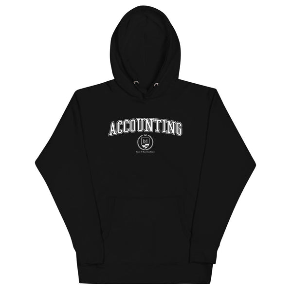Black hoodie with the Accounting crest in white