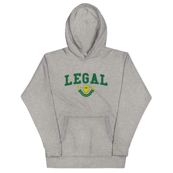 A light grey hoodie with the Legal Crest on it in green with yellow accents. 