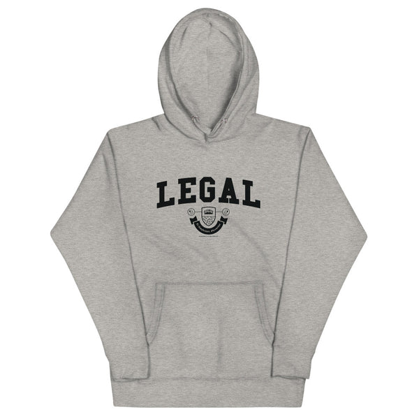 A light grey hoodie with the Legal crest on it in black