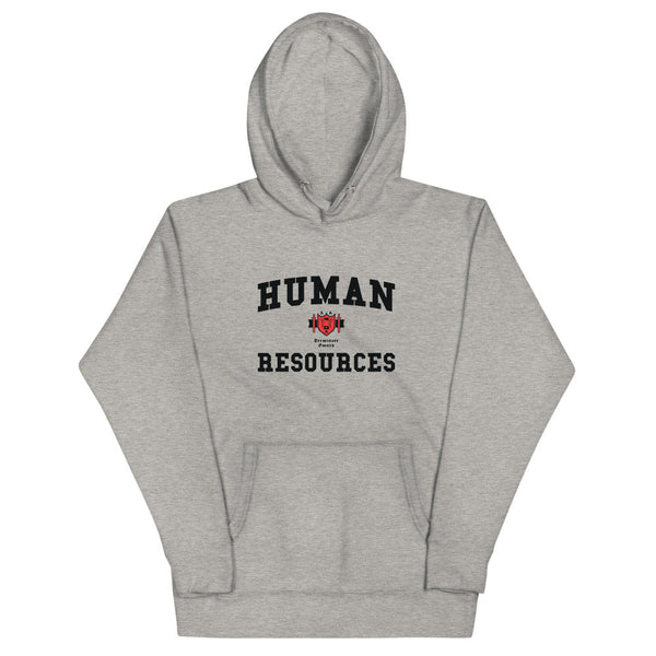 A light grey hoodie with the Human Resources crest. The text is in black and the shield has red accents.