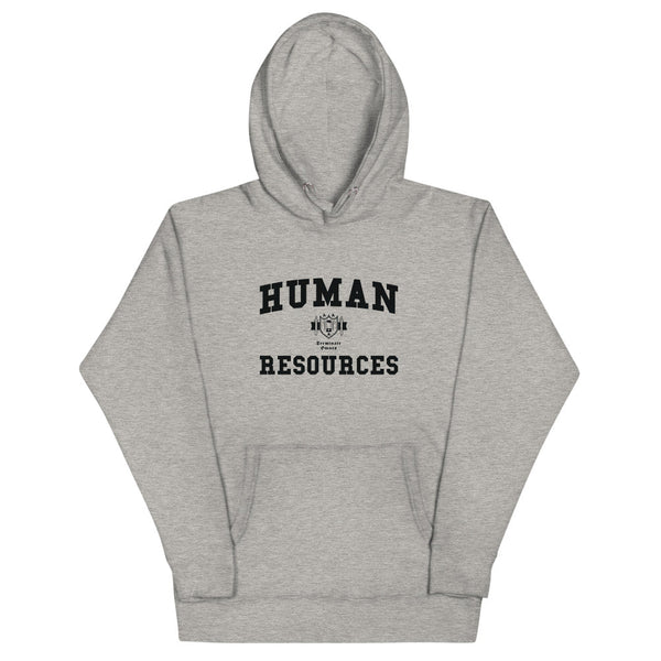 A light grey hoodie with Human Resources crest in black