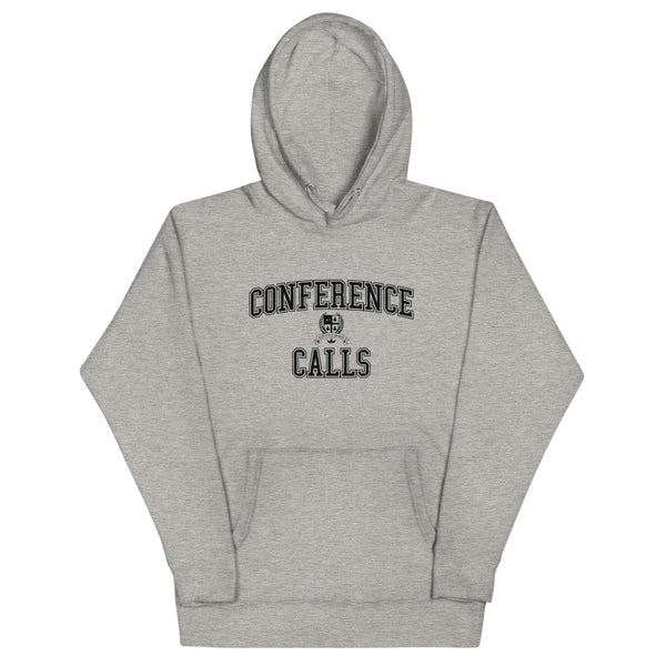 Gray hoodie with the Conference Calls crest in black