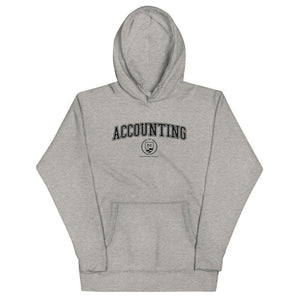 Grey hoodie with the Accounting crest in black