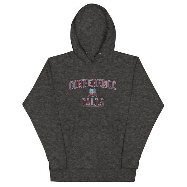 A dark grey hoodie with the Conference Calls crest in dark red outlined in light blue
