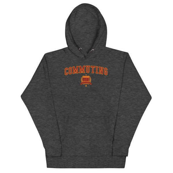 Dark grey hoodie with the Commuting crest in red outlined in orange