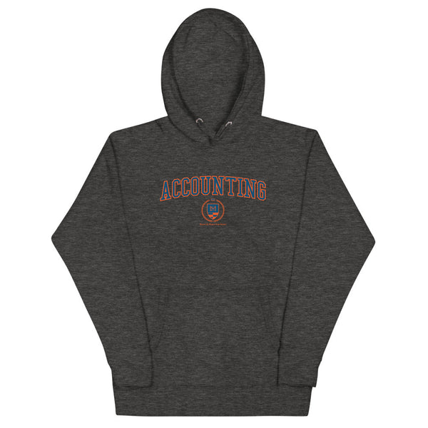 A charcoal gray hoodie with the Accounting Crest on the front. The crest is blue and outlined in orange.