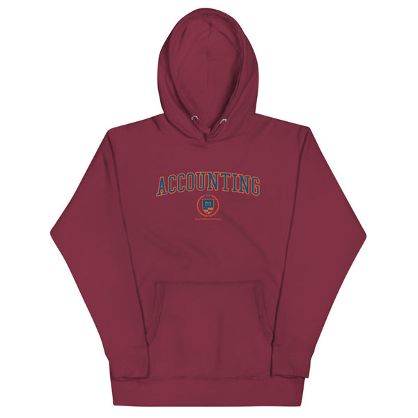 A maroon hoodie with the Accounting Crest on the front. The crest is blue and outlined in orange.