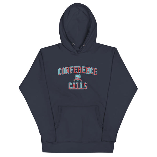 A navy blue hoodie with the Conference Calls crest in dark red outlined in light blue