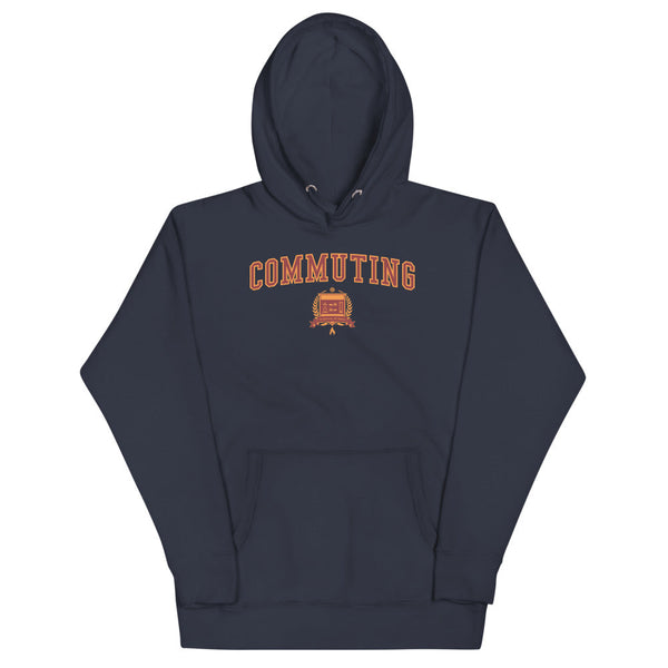Navy blue hoodie with the Commuting crest in red outlined in orange