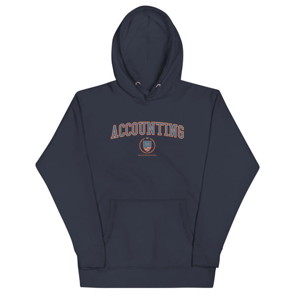 A navy blue hoodie with the Accounting Crest on the front. The crest is blue and outlined in orange.