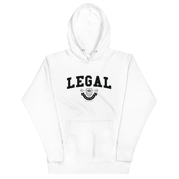A white hoodie with the Legal crest on it in black