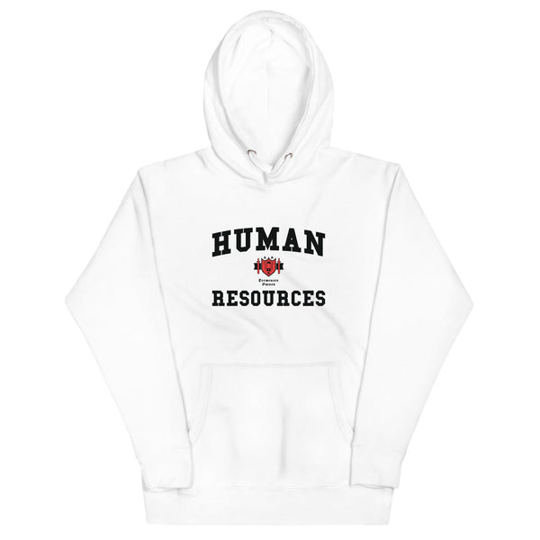 A white hoodie with the Human Resources crest. The text is in black and the shield has red accents.