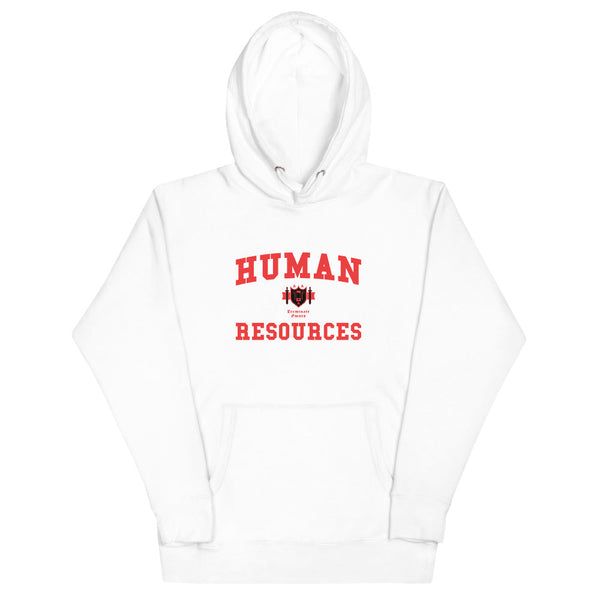 A white hoodie with the Human Resources crest. The text is in red and the shield has black accents.