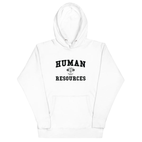 A white hoodie with Human Resources crest in black