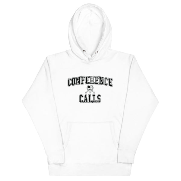 White hoodie with the Conference Calls crest in black