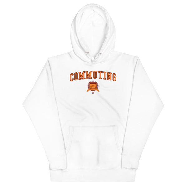 White hoodie with the Commuting crest in orange outlined in red