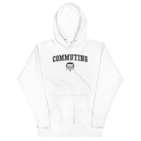 White hoodie with the Commuting crest in black
