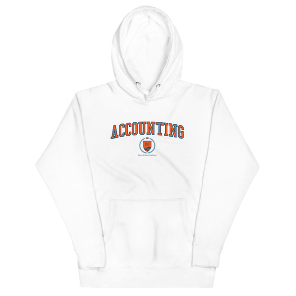A white hoodie with the Accounting Crest on the front. The crest is orange and outlined in blue.