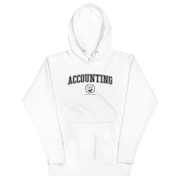 White hoodie with the Accounting crest in black