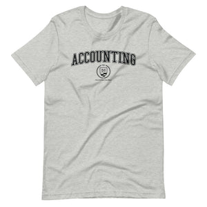 Grey t-shirt with the Accounting crest in black