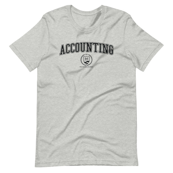 Grey t-shirt with the Accounting crest in black
