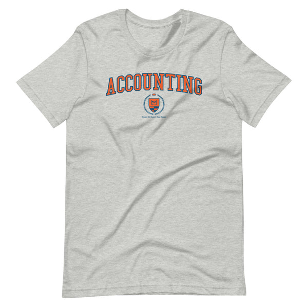 A light gray t-shirt with the Accounting Crest on the front. The crest is orange and outlined in blue.
