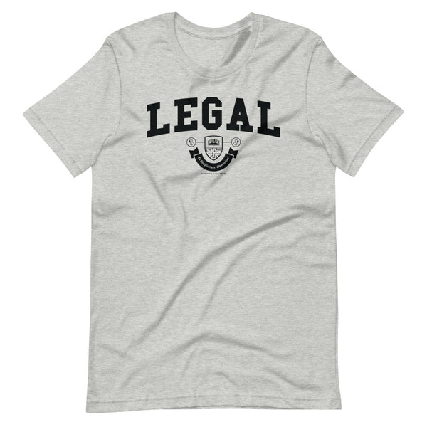 A light grey t-shirt with the Legal crest on it in black