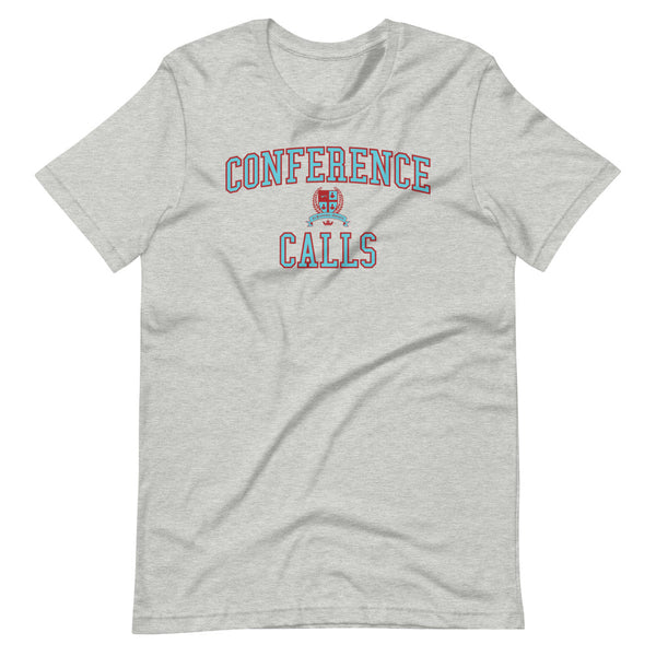 A light grey t-shirt with the Conference Calls crest in light blue outlined by dark red