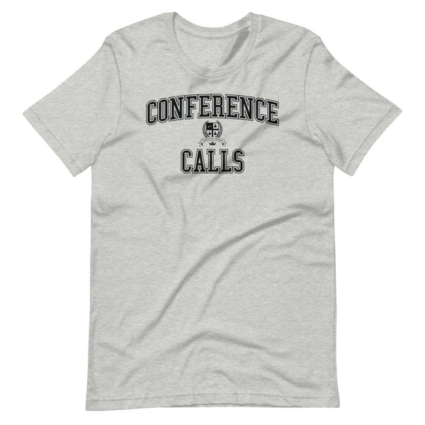 A grey t-shirt with the Conference Calls crest in black