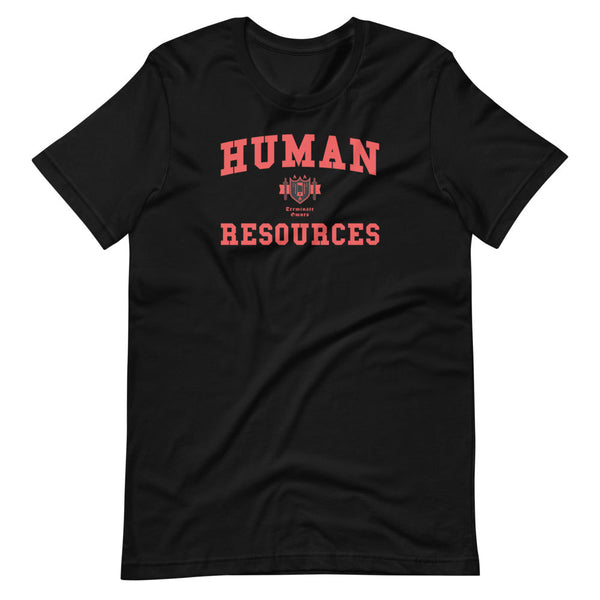 A black t-shirt with the Human Resources crest. The text is in red and the shield has black accents.