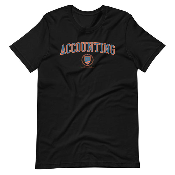 A black t-shirt with the Accounting Crest on the front. The crest is blue and outlined in orange.