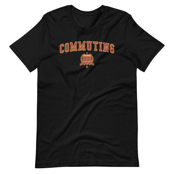 Black t-shirt with the Commuting crest in orange outlined in red