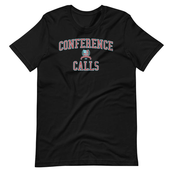 A black t-shirt with the Conference Calls crest in dark red outlined in light blue