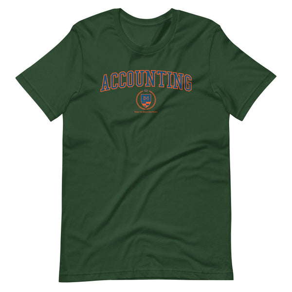 A forest green t-shirt with the Accounting Crest on the front. The crest is blue and outlined in orange.