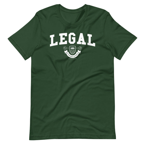 A dark green t-shirt with the Legal crest on it in white.