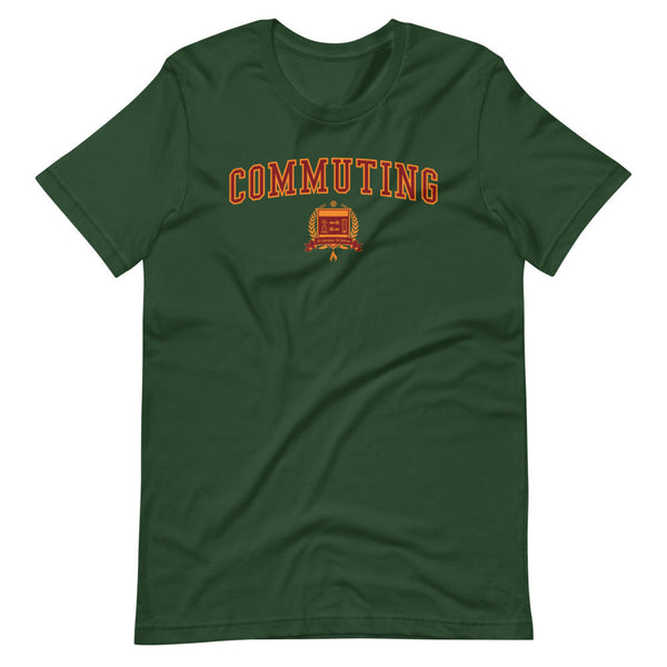 Dark green t-shirt with the Commuting crest in orange outlined in red