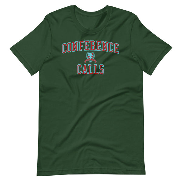 A dark green t-shirt with the Conference Calls crest in dark red outlined in light blue